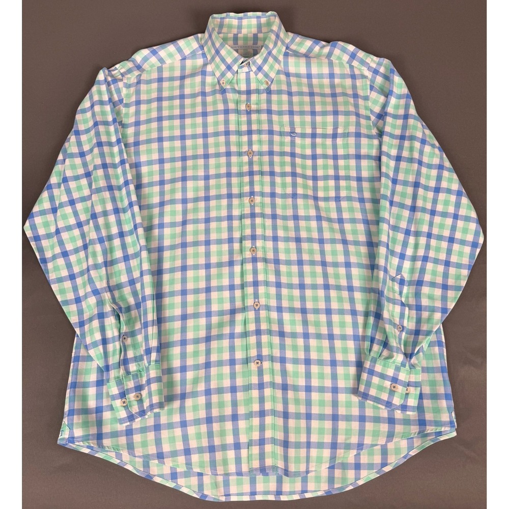 Southern Tide Mens M Classic Fit Plaid Button Down Shirt Blue Green Preppy